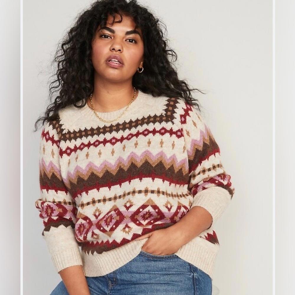 Old Navy Women's Geometric Sweater - Cream, Brown, and Pink
